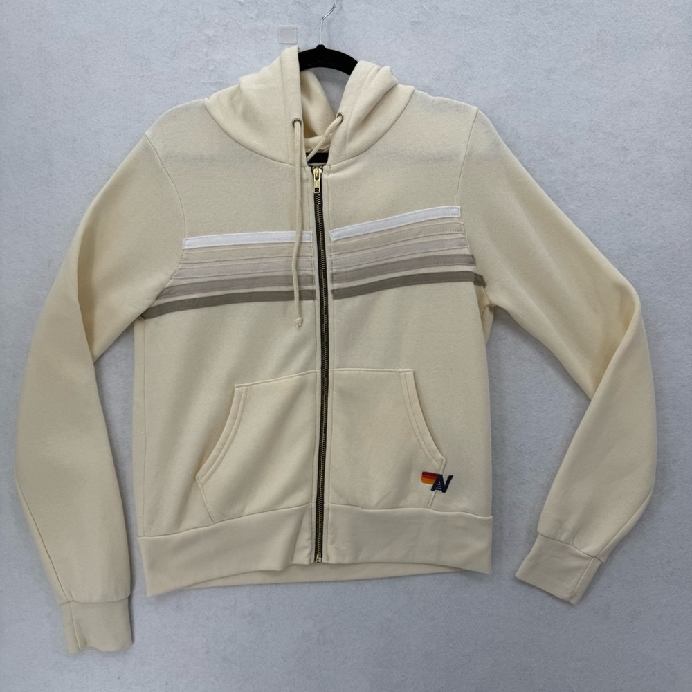 NWT Aviator Nation 5 Stripe Zip Unisex Hoodie in VINTAGE WHITE TAN XS‎